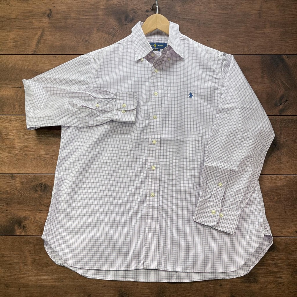 Polo Ralph Lauren Mens XL 16.5 34/35 Shirt Pink White Micro Check Long Sleeve